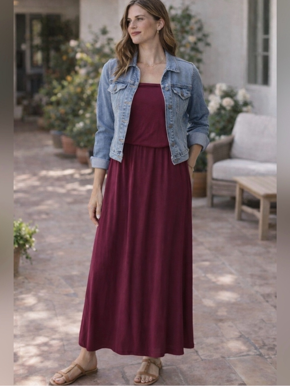 J.Jill strapless jersey knit dress maroon beachy boho Breezy Size S MSRP $119